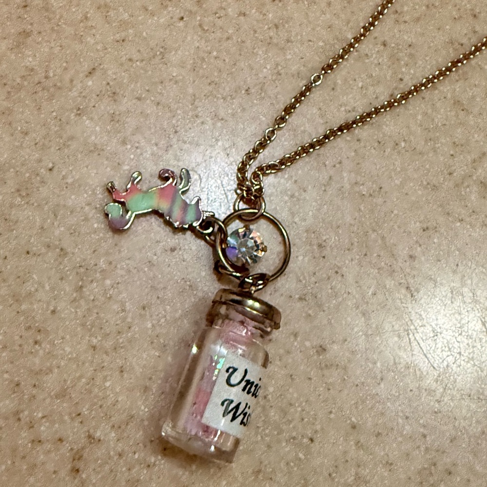 Justice Unicorn Wishes Heart Rainbow Wish Jar Necklace- Gold Multi